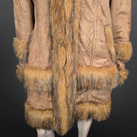 Vintage 60s 70s Penny Lane Coat Size M Boho Brown Faux Suede Faux Fur Mid Length - Picture 3 of 16